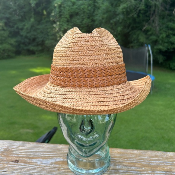 Vintage Neiman Marcus Made in Italy Straw hat Braided leather - Picture 1 of 4